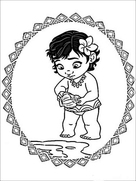 Moana and beautiful background with little mandalas. Baby Moana Coloring Pages