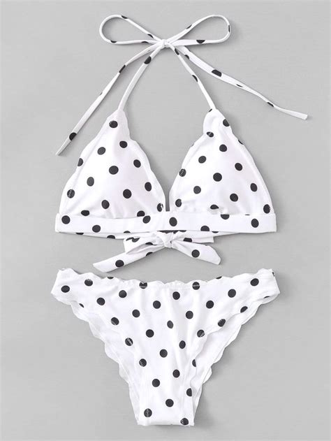 White Polka Dot Swimsuit Halter Top With Scalloped Trim Bikini Bottom Polka Dot Swimsuits