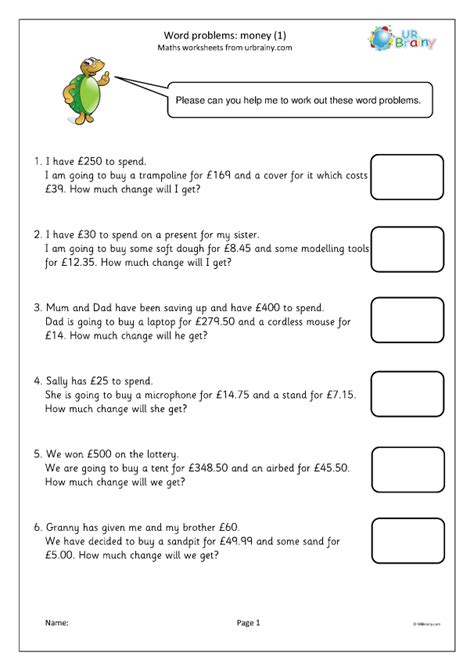 Word problems: money (1) - Measuring and Time Worksheets for Year 4