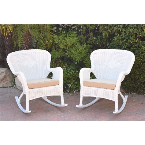 Set Of Windsor White Resin Wicker Rocker Chair With Tan Cushions 355