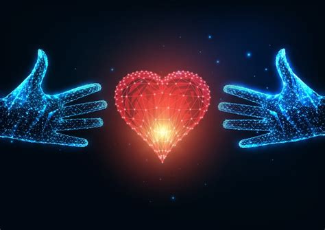Órgano Humano Del Corazón Y Dos Manos Protegiendo Las Manos De Líneas Rojas Poligonales