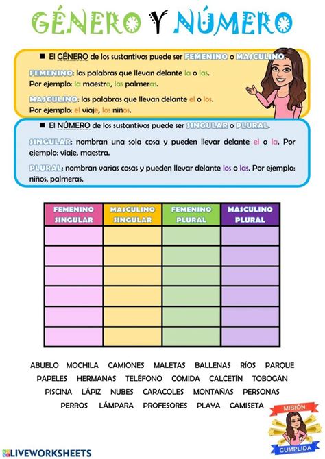 Género Y Número Género Y Número De Los Sustantivos Worksheet Spanish