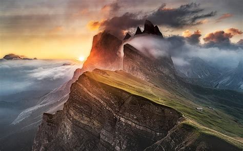 Sunset Dolomites Fog Mountains Italy Hd Wallpaper Peakpx