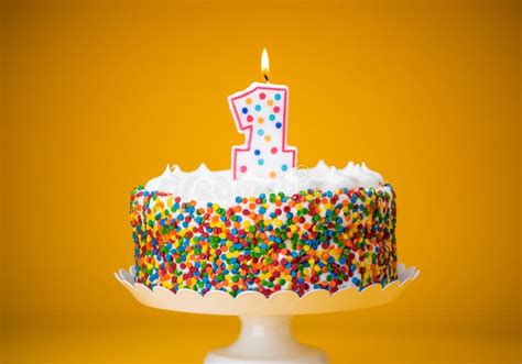 Decorated Cake With One Candle Stock Image Image Of Blue Sprinkles