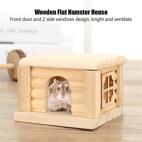 Ylshrf 1pc Natural Wooden Hamster House Flat Top Cabin Rat Hut Mouse