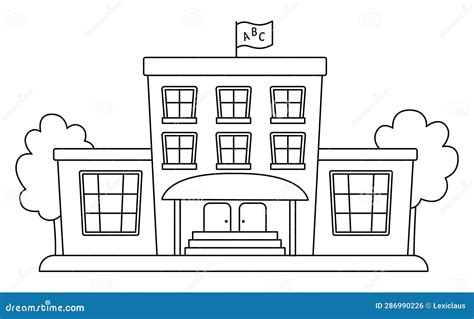 Vector Black And White School Building With Trees And Flag Isolated On