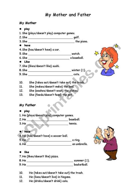My Mother And Father Esl Worksheet By Pennybarker