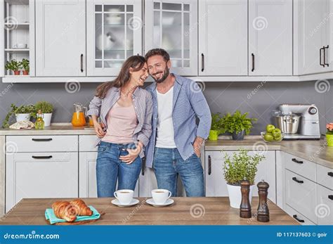 Happy Couple In The Kitchen Stock Image Image Of Beautiful Husband 117137603