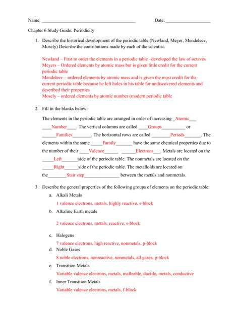 Download file pdf periodic table worksheet answer key. Chapter 6 The Periodic Table Worksheets Answers