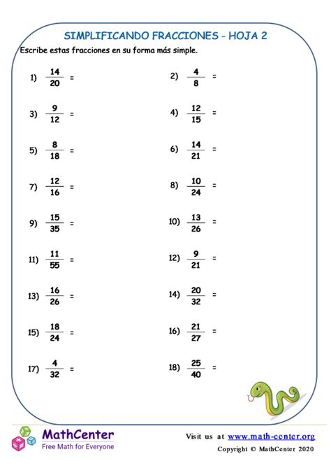 Cuarto Grado Hojas De Trabajo Simplificar Fracciones Math Center