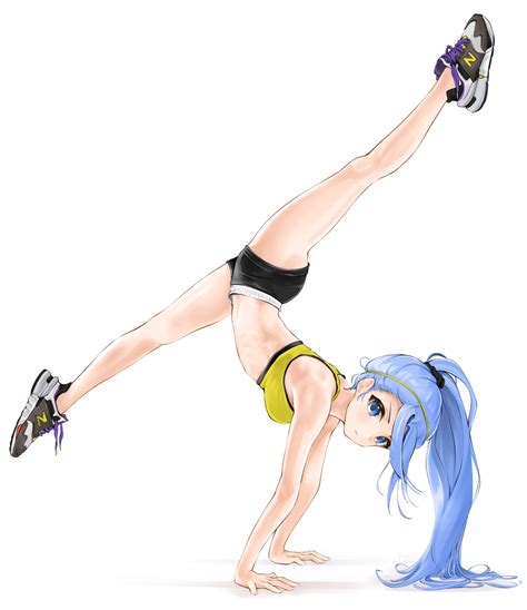 blue hair blue eyes handstand chaesu legs anime girls anime sport shorts sneakers