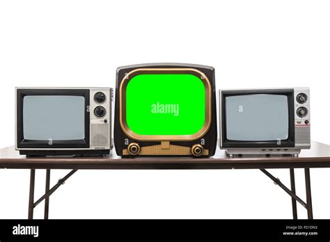 Vintage Televisions Isolated On White With Chroma Key Green Screen And