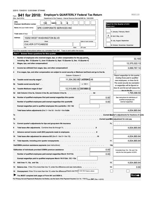 Form 941 Employers Quarterly Federal Tax Return 2010 Printable Pdf