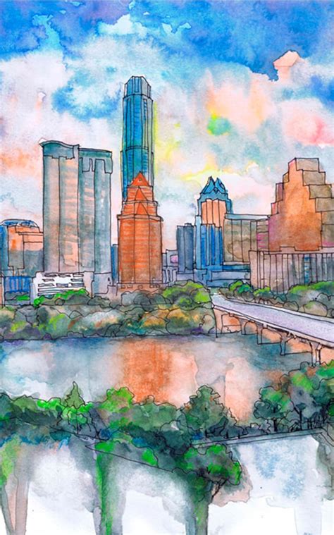 Austin Texas Wall Art Skyline Cityscape Watercolor Painting Etsy