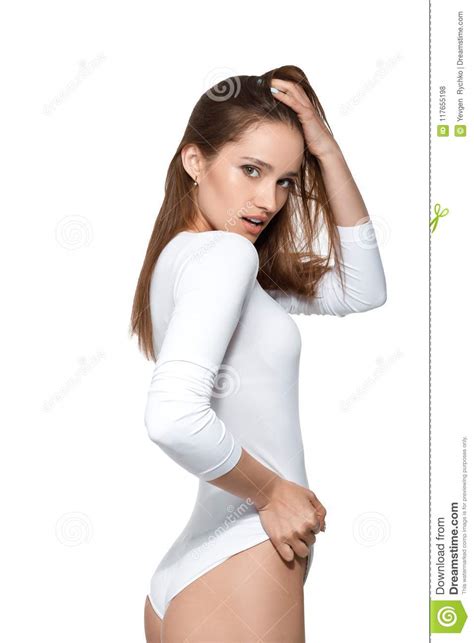 Mooie Sexy Vrouw Met Perfect Lichaam In Witte Bodysuit Stock Foto Image Of Verleidelijk
