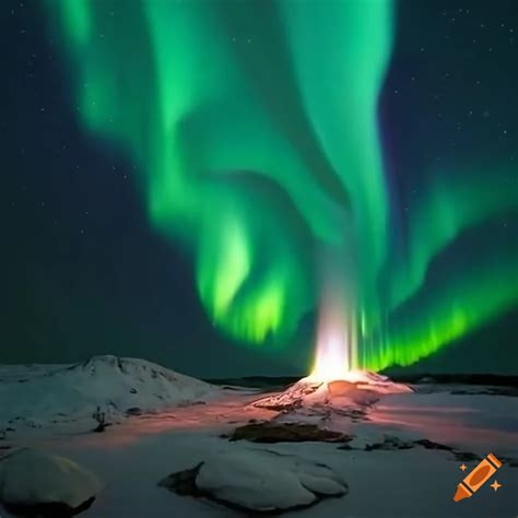 Aurora Borealis And Erupting Geyser In Nature