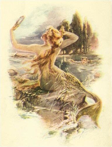 Vintage Mermaid Print Siren Mirror Seduction Sea Mystical Canvas Art