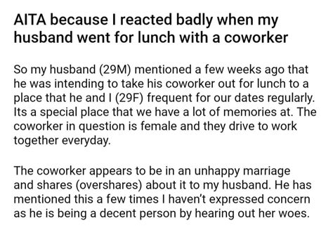 aita because i reacted badly when my husband went for lunch with a coworker