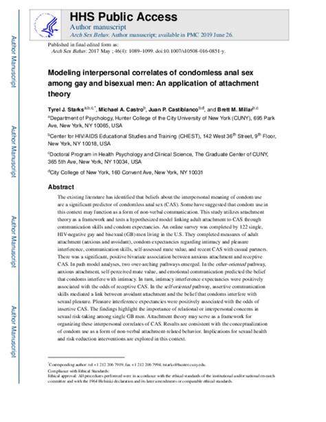 Pdf Modeling Interpersonal Correlates Of Condomless Anal Sex Among Gay And Bisexual Men An