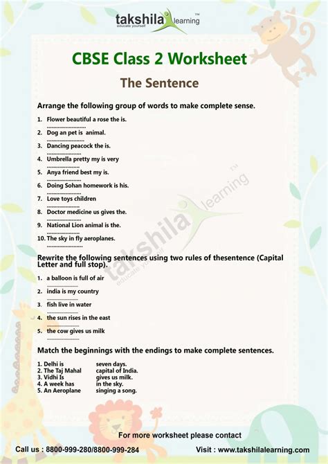 2nd grade language arts worksheets. CBSE Class 2 English Worksheet, Lessons The Sentence