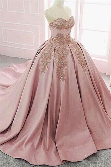 Ball Gown Satin Strapless Blush Pink Lace Formal Prom Dresses Evening