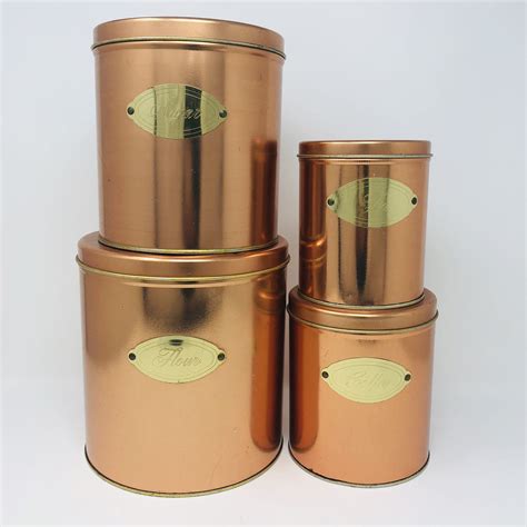 Vintage Copper Canister Set With Brass Labels Etsy Copper Kitchen