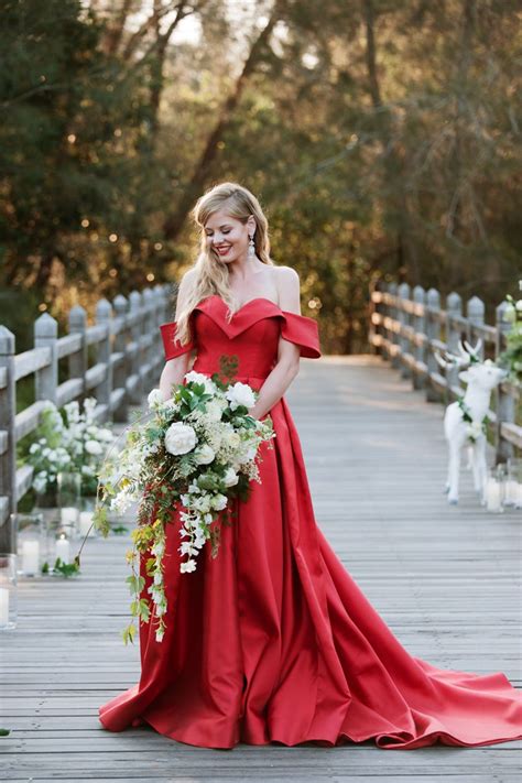 Off The Shoulder Satin Red Wedding Dress Roses And Rings Weddings