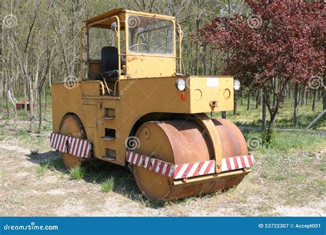 Yellow Old Road Roller Parking In The Backyard Stock Image Image Of