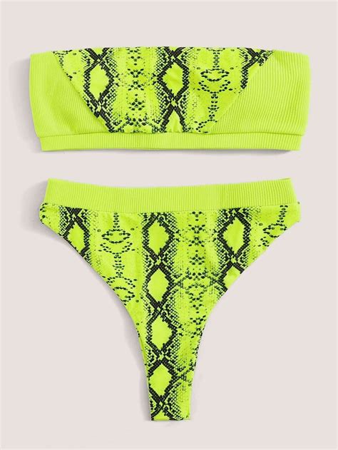 Neon Lime Green Snakeskin Bandeau Bikini Animal Print Bikini Bandeau