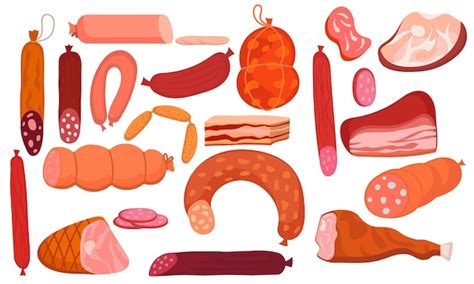 Deli Meat Ham And Salami Food Icon Isolated Cartoon Set Barbecue Steak Cooking And Beef Stock