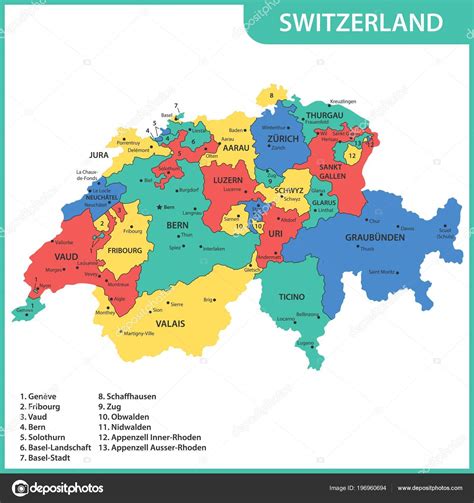 Mapa Detalhado Suíça Com Regiões Estados Cidades Capitais Imagem