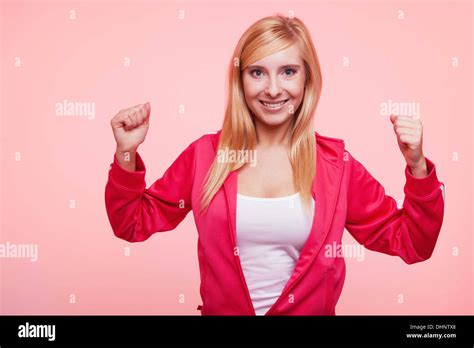 Fitness Woman Showing Fresh Energy Flexing Biceps Muscles Smiling Happy
