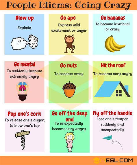 15 Useful Phrases And Idioms For Going Crazy • 7esl Idioms And Phrases Idioms English Idioms