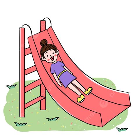 Hand Drawn Colorful Cartoon Girl Sliding On A Slide Scene