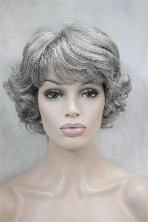 New Womens Wigs Wavy Greygray Short Synthetic Hair Full Wig For