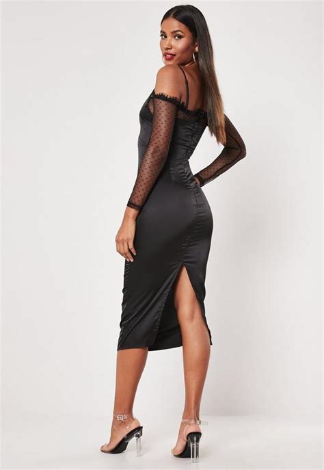 Black Bardot Satin Lace Bodycon Midi Dress Missguided