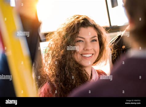 Smiling Girl In City Bus Stock Photo Alamy