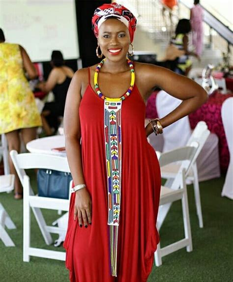 Clipkulture Red Spaghetti Strap Dress With Ndebele Neckpiece And