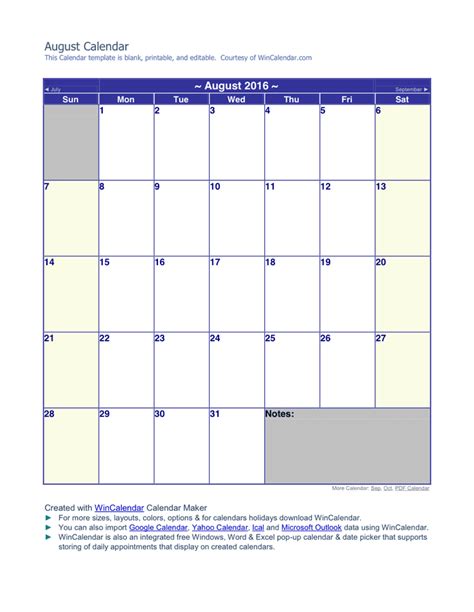 August 2016 Calendar Download Free Documents For Pdf Word And Excel