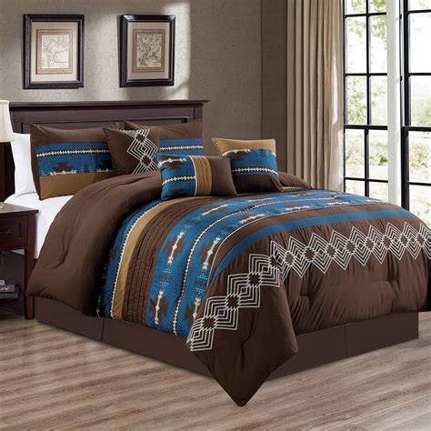 7 Piece Western Southwestern Design Comforter Set Multicolor Navy Coffee Brown Embroidered Queen