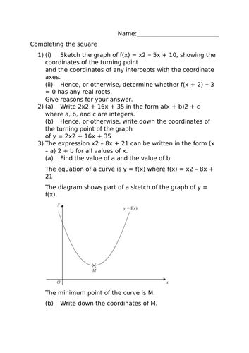 Completing the square worksheet 2