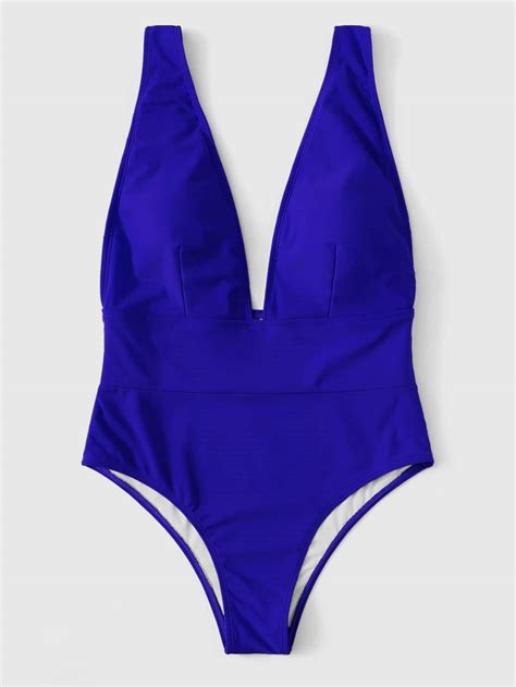 Low Back Plunge Blue One Piece Swimsuit Bikini