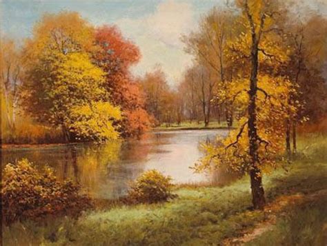Beautiful Oil Painting Nice Autumn Landscape River Cross