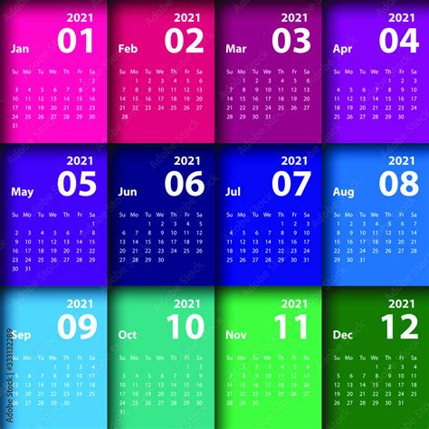 Calendar 2021 Year Vector Week Starts Sunday Stationery 2021