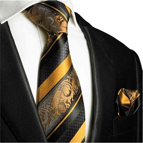 Paul Malone Gold And Black Silk Tie And Pocket Square Red Line Ties