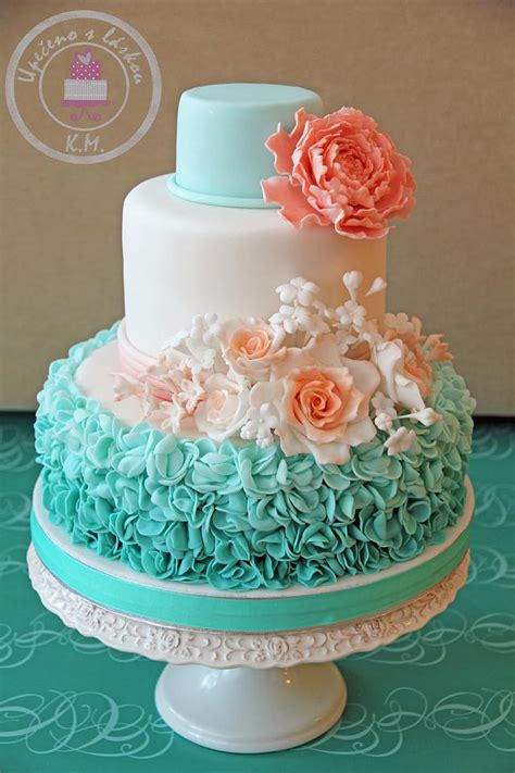 Create a palette find photos with this color. Mint & Peach Wedding - cake by Tynka - CakesDecor