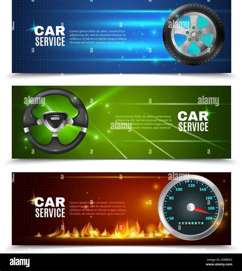 Car Service Horizontal Banners With Tire Steering Wheel And Speedometer