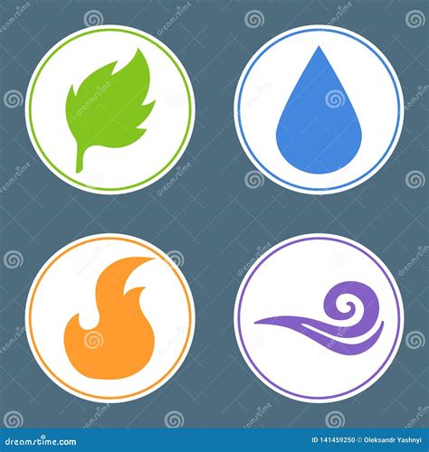 Four Elements Fire Water Earth Air Nature Element Stickers Vector