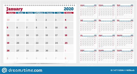 Calendar Planner Template 2020 Week Start From Sunday Stock Vector