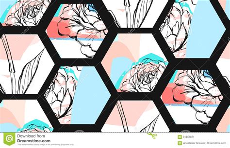 Hand Drawn Vector Abstract Artistic Textured Hexagon Shapes Collage